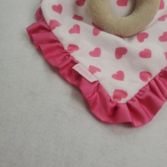 Carters Monkey Rattle Lovey Plush Pink Hearts 12 In Satin Back Security Blanket - Picture 5 of 12